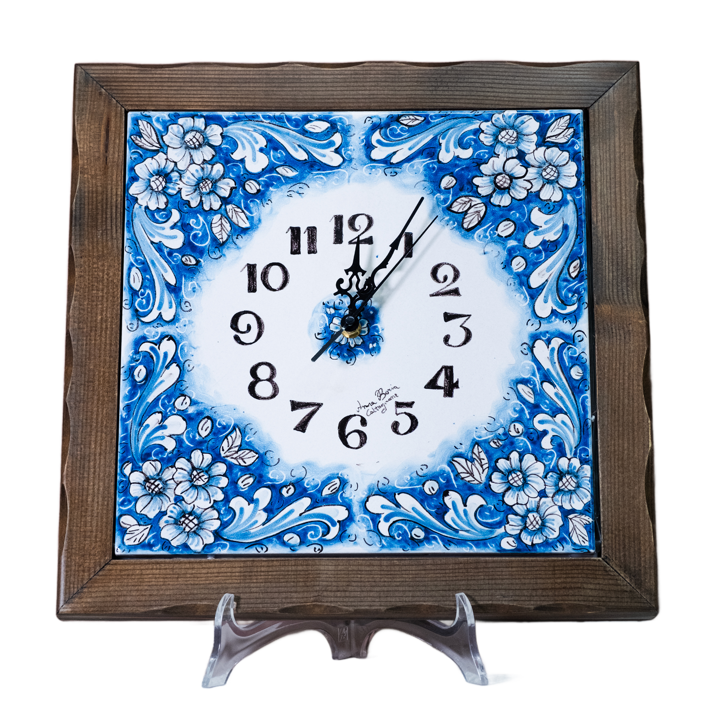 OROLOGIO CON CORNICE IN LEGNO (DA MURO) IN CERAMICA DI CALTAGIRONE ANNA BORIA