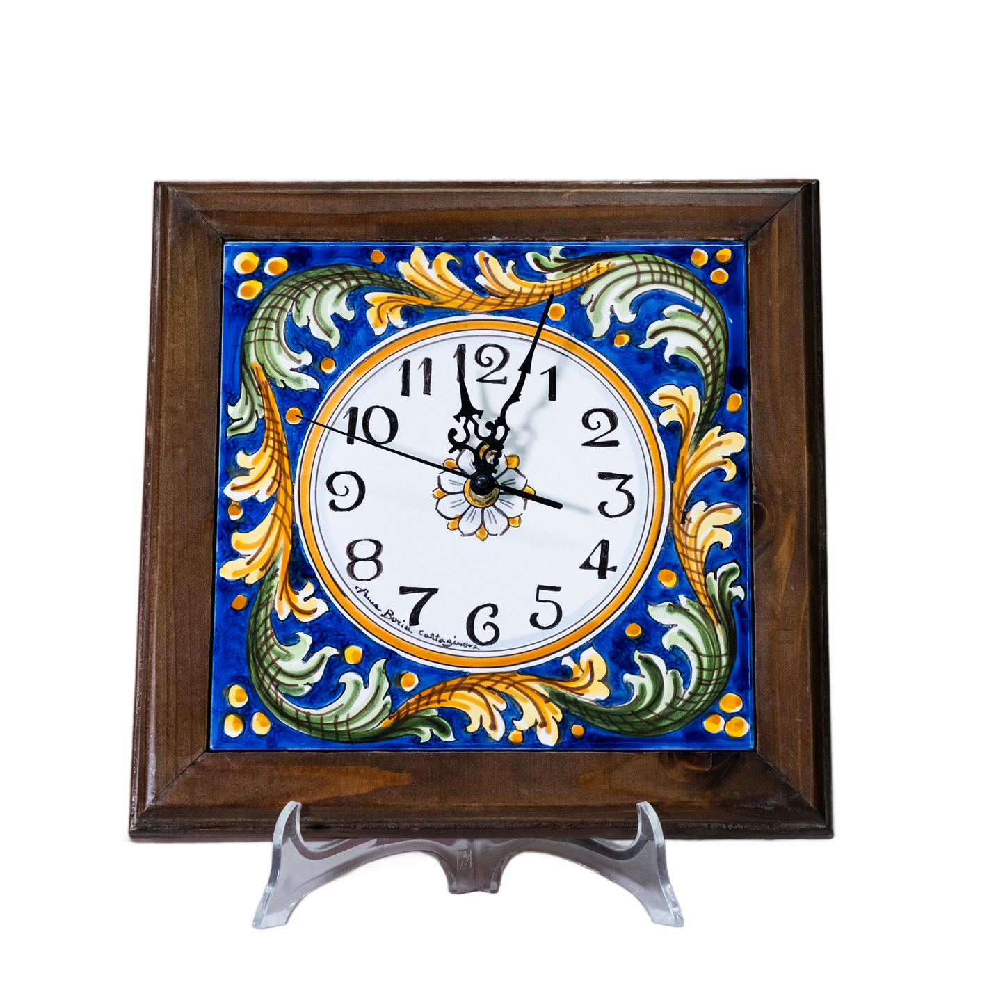 OROLOGIO CON CORNICE IN LEGNO (DA MURO) IN CERAMICA DI CALTAGIRONE ANNA BORIA