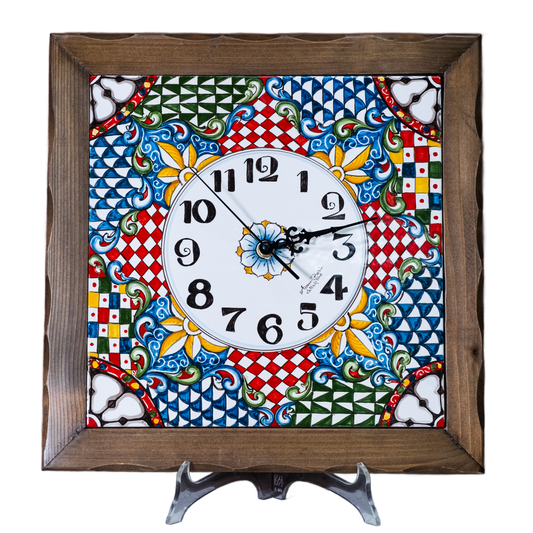 OROLOGIO CON CORNICE IN LEGNO (DA MURO) IN CERAMICA DI CALTAGIRONE ANNA BORIA