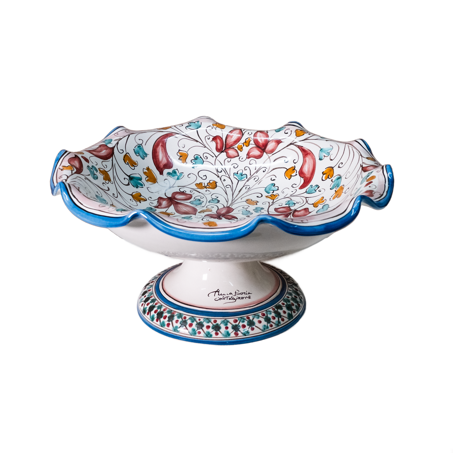 CENTRO TAVOLA FRUTTIERA SMERLATA CON PIEDE IN CERAMICA DI CALTAGIRONE ANNA BORIA