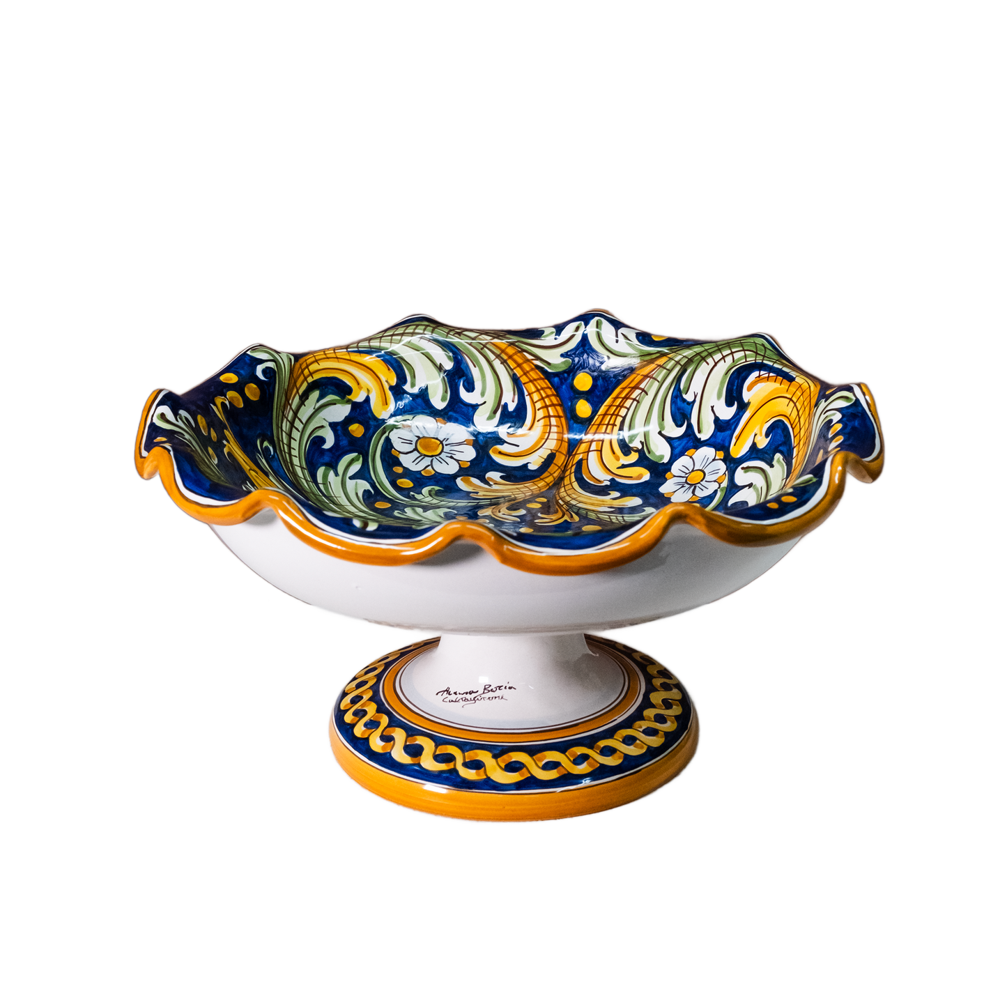 CENTRO TAVOLA FRUTTIERA SMERLATA CON PIEDE IN CERAMICA DI CALTAGIRONE ANNA BORIA