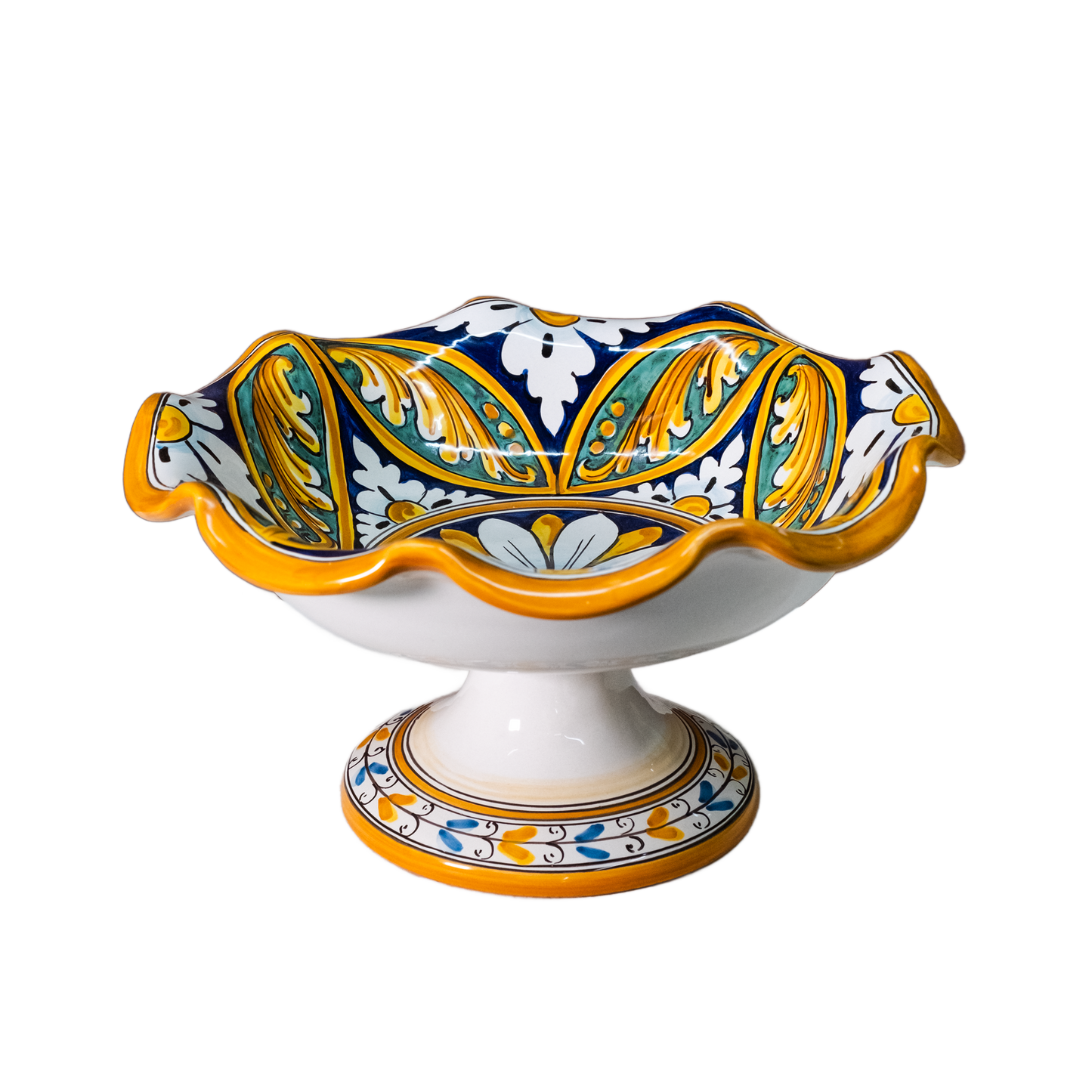 CENTRO TAVOLA FRUTTIERA SMERLATA CON PIEDE IN CERAMICA DI CALTAGIRONE ANNA BORIA