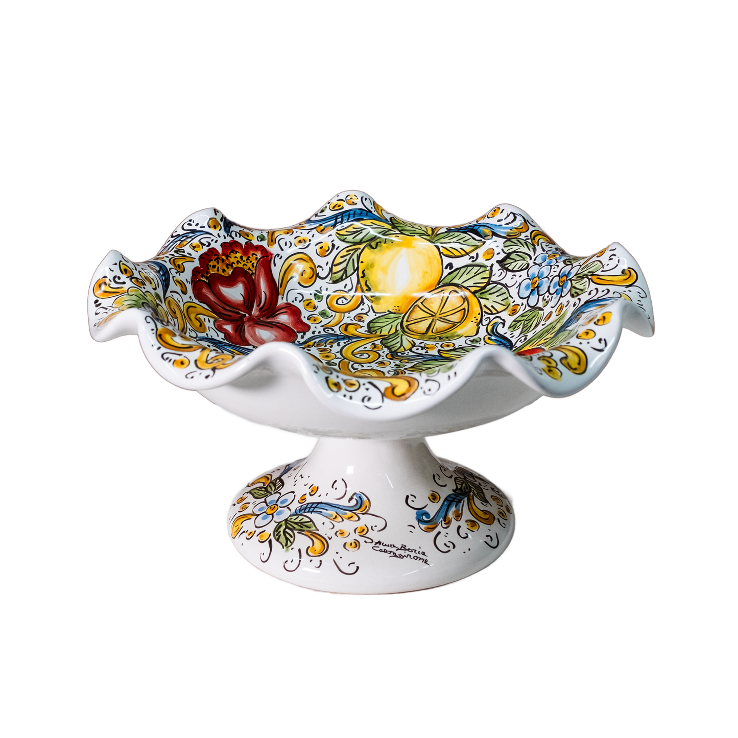 CENTRO TAVOLA FRUTTIERA SMERLATA CON PIEDE IN CERAMICA DI CALTAGIRONE ANNA BORIA