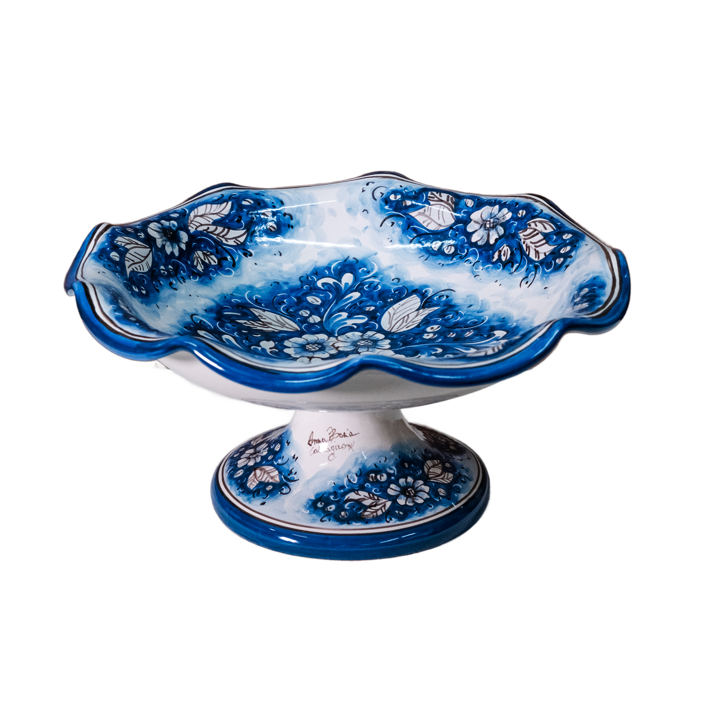 CENTRO TAVOLA FRUTTIERA SMERLATA CON PIEDE IN CERAMICA DI CALTAGIRONE ANNA BORIA