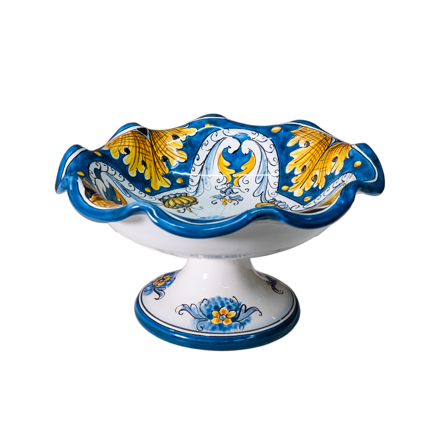 CENTRO TAVOLA FRUTTIERA SMERLATA CON PIEDE IN CERAMICA DI CALTAGIRONE ANNA BORIA