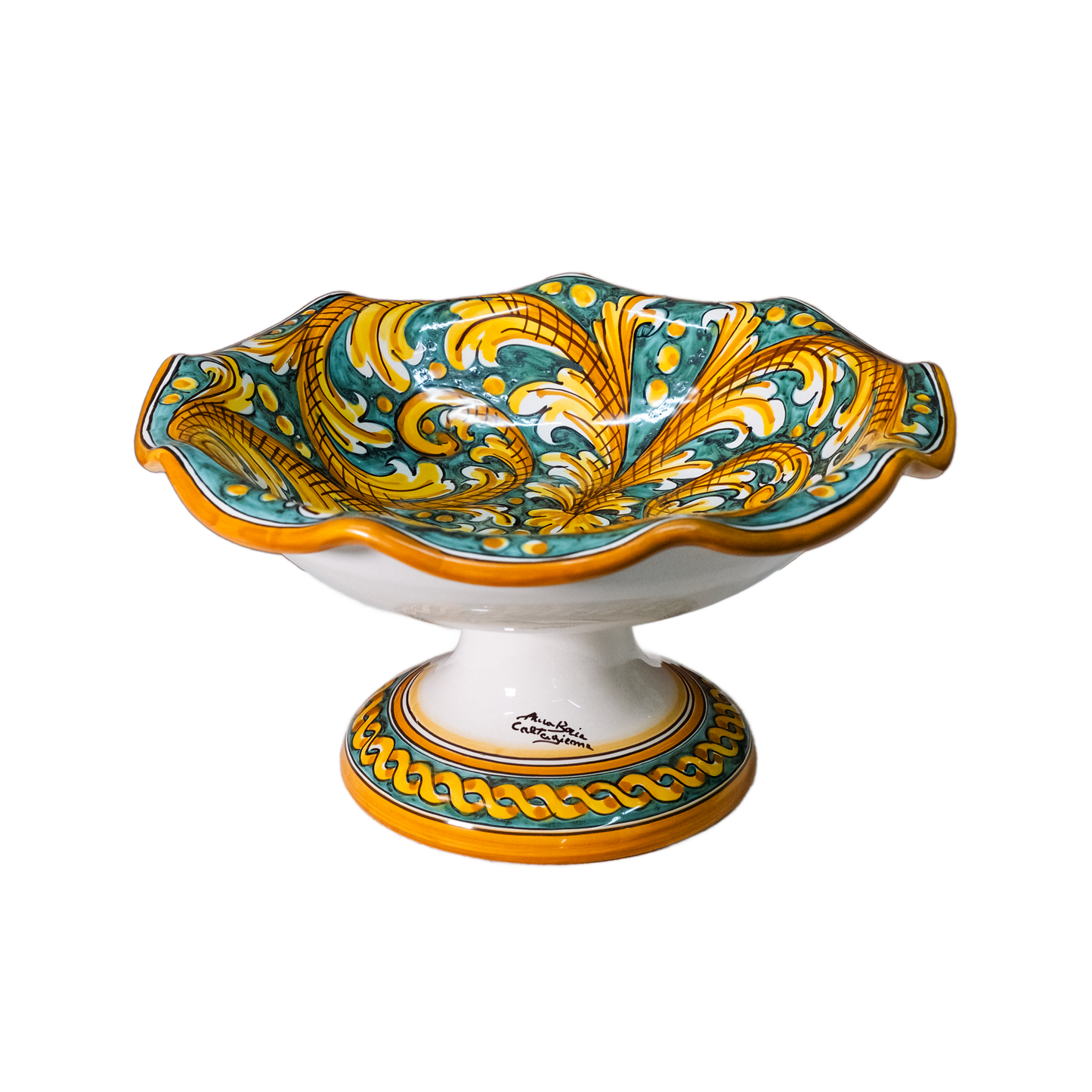 CENTRO TAVOLA FRUTTIERA SMERLATA CON PIEDE IN CERAMICA DI CALTAGIRONE ANNA BORIA